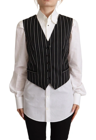 Dolce & Gabbana Black Stripes Wool V-neck Sleeveless Button Waistcoat Top In Black And Brown