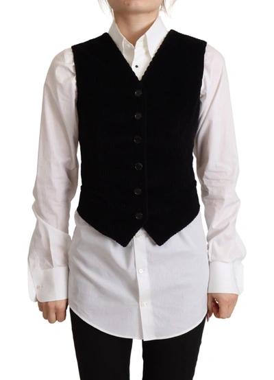 Dolce & Gabbana Black V-neck Leopard Corduroy Button Waistcoat Top
