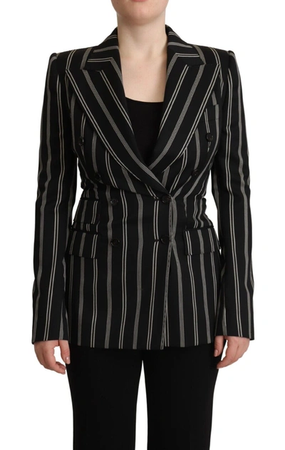 Dolce & Gabbana Black White Stripes Wool Long Sleeves Jacket In Black/white