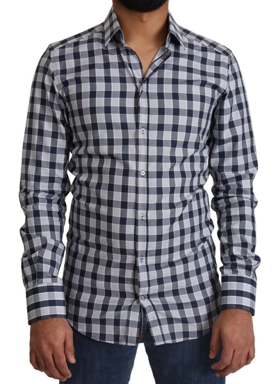 Dolce & Gabbana Blue White Check Cotton Slim Fit Gold Shirt In Blue And White