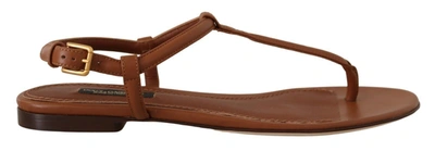 Dolce & Gabbana Brown Leather T-strap Slides Flats Sandals Women's Shoes