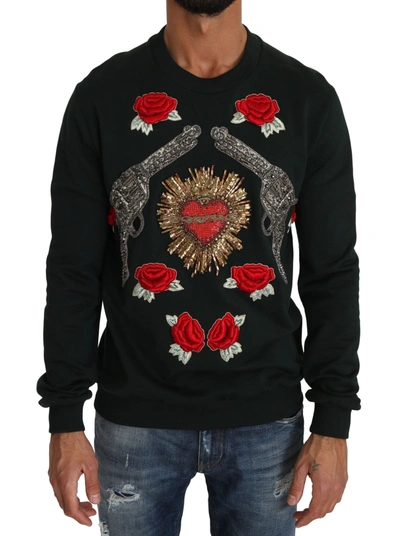 Dolce & Gabbana Emerald Cotton Sweater With Crystal Men's Embroidery In Green