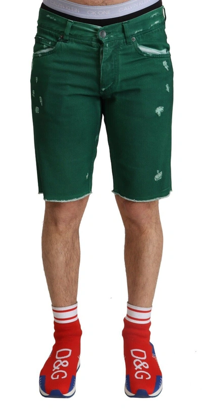Dolce & Gabbana Green Tattered Cotton  Denim Bermuda Shorts