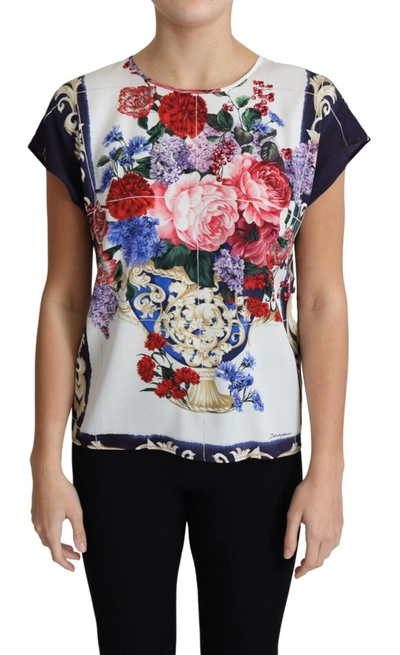 Dolce & Gabbana Multicolor Silk Flower Vase Short Sleeves Blouse Women's Top