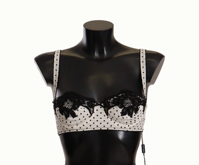 Dolce & Gabbana White Black Polka Dot Satin Lace Balconette Women's Bra