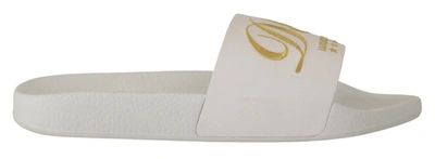 Dolce & Gabbana Chic White Leather Slides With Gold Men's Embroidery