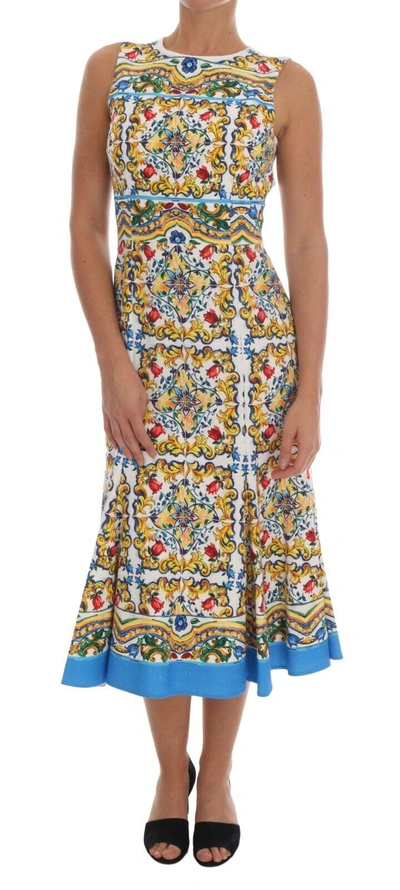 Dolce & Gabbana Majolica Print Midi Sheath Women's Dress In White