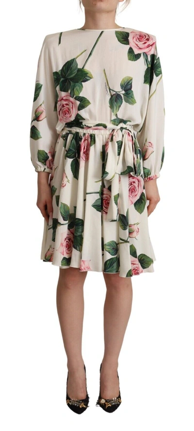 Dolce & Gabbana White Rose Print Long Sleeves A-line Dress