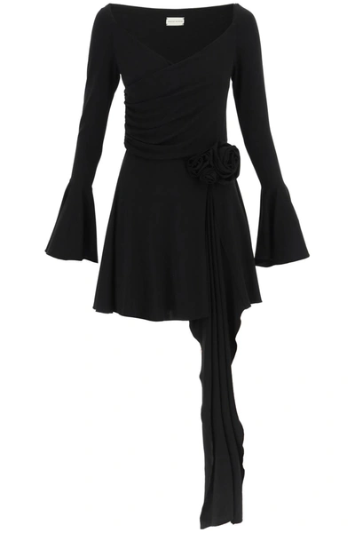 Magda Butrym Black Fluted Mini Dress With Rose-appliquè In Viscose Woman