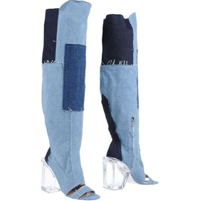 Off-white Chic Vintage Denim & Transparent Heel Women's Boots In Light Blue
