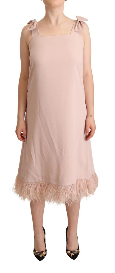 P.a.r.o.s.h Pink Polyester Sleeveless Midi Feather Shift Dress