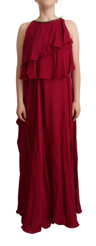 Plein Sud Elegant Silk Sleeveless Ruffled Maxi Women's Dress In Marrone