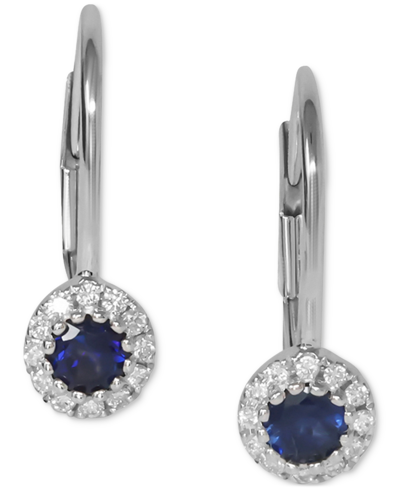 Macy's Sapphire (3/8 Ct. T.w.) & Diamond (1/10 Ct. T.w.) Halo Leverback Drop Earrings In 14k White Gold