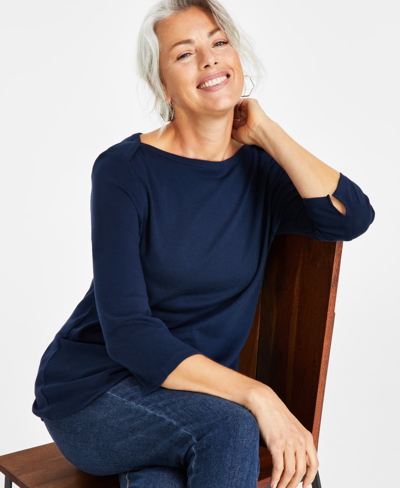 Style & Co Women's Pima Cotton 3/4-sleeve Boat-neck Top, Regular & Petite, Created For Macy's In Industrial Blue