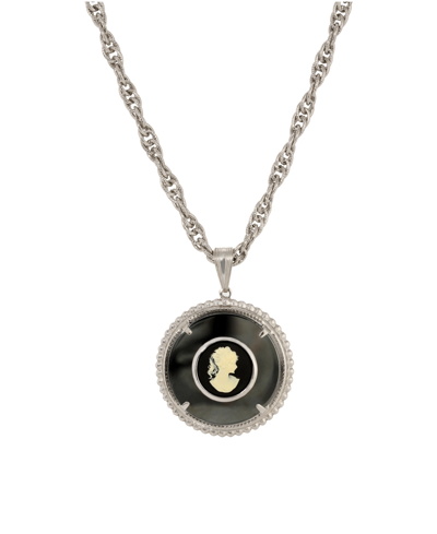 2028 Hematite Resin Round Cameo Necklace In Black