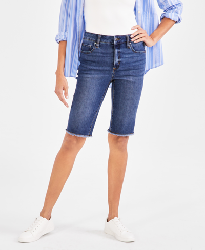 Style & Co Women's Mid-rise Raw-edge Bermuda Jean Shorts, Created For Macy's In Blue Lapis