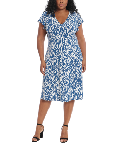 London Times Plus Size Printed Fit & Flare Dress In Blue,white