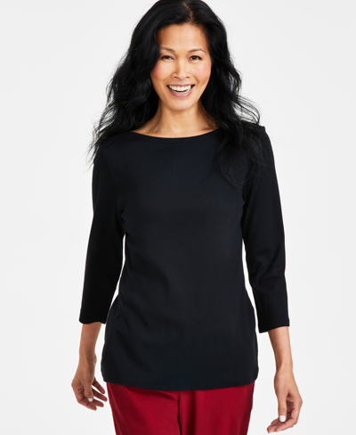 Style & Co Women's Pima Cotton 3/4-sleeve Boat-neck Top, Regular & Petite, Created For Macy's In Deep Black