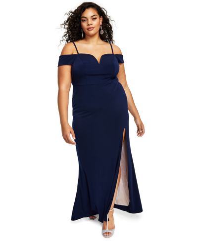 City Studios Trendy Plus Size Off-the-shoulder Slit Gown In Navy,rose
