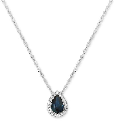 Macy's Sapphire (1/2 Ct. Tw.) & Diamond (1/10 Ct. T.w.) Pear Halo Pendant Necklace In 14k White Gold, 16" +