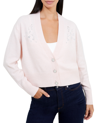 French Connection Vhari Long Sleeve Embroidered Cardigan Jumper In Mauve Morning
