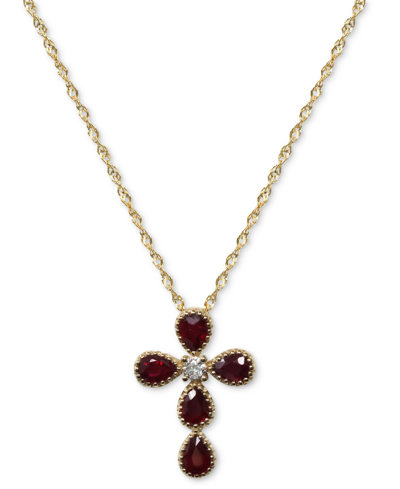 Macy's Ruby (7/8 Ct. Tw.) & Diamond (1/20 Ct. T.w.) Cross Pendant Necklace In 14k Gold, 16" + 2" Extender
