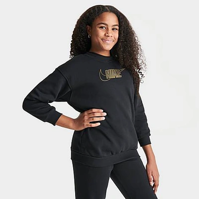 Nike Sportswear Club Fleece Big Kids' (girls') Crew-neck Sweatshirt In Black/gold 