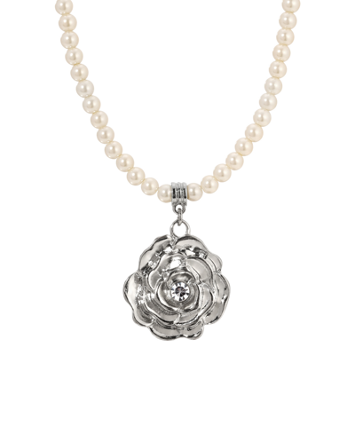 2028 Imitation Pearl Flower Pendant Necklace In White