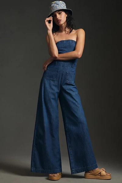 Pilcro And The Letterpress Pilcro Strapless Polished Wide-leg Jumpsuit In Blue