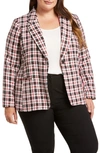 Tahari Plaid Notch Lapel Tweed Blazer In Ivory Black Red