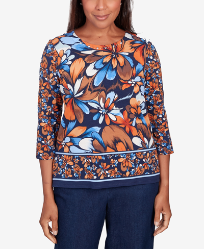 Alfred Dunner Women's Autumn Weekend Floral Border 3/4 Sleeve Top In Blue Multi
