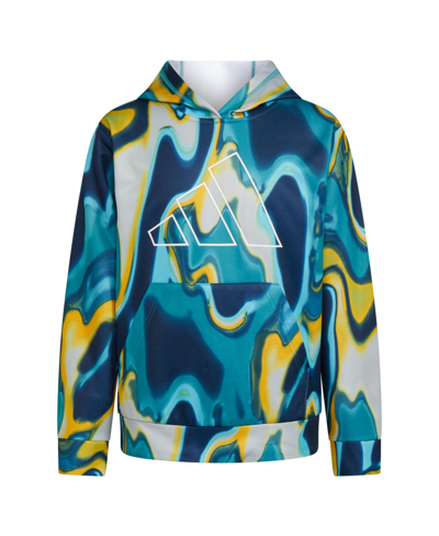 Adidas Originals Kids' Big Boys Long Sleeve Heat Map Allover Print Pullover Hoodie In Collegiate Navy With Pulse Aqua