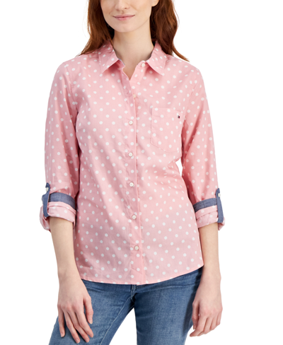 Tommy Hilfiger Women's Cotton Polka-dot Roll-tab Shirt In Bridal Rose,bright White