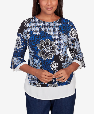 Alfred Dunner Plus Size Downtown Vibe Floral Flutter Sleeve Top With Woven Trim In Multi