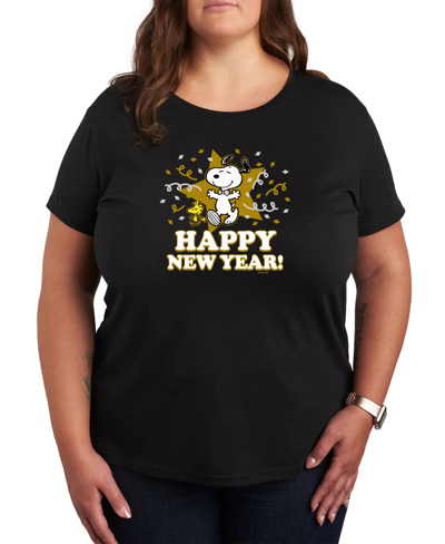 Air Waves Trendy Plus Size Peanuts New Year Graphic T-shirt In Black