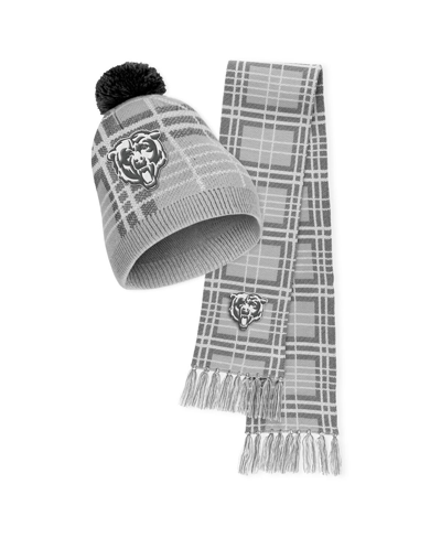 Wear By Erin Andrews Women's  Chicago Bears Plaid Knit Hat With Pom And Scarf Set In Gray