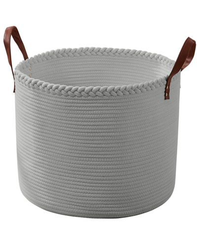 Ornavo Home Extra Large Round Cotton Rope Storage Basket Laundry Hamper With Leather Handles In Gray