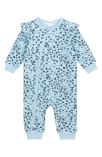 Miles The Label Babies' Leopard Print Ruffle Long Sleeve Organic Cotton Romper In Blue Light