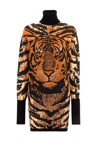 Roberto Cavalli Tiger Jacquard Knitted Dress In Multicolor