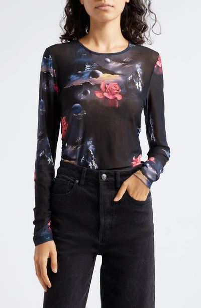 Ganni Printed Mesh Long Sleeve Gathered Blouse In Black