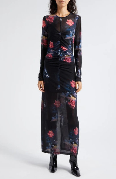 Ganni Ruched Long-sleeve Floral Mesh Dress In Black