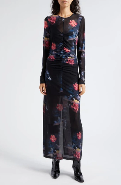 Ganni Printed Mesh O-neck Ruched Long Dress In Black