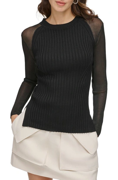 Dkny Sheer Sleeve Rib Sweater In Black/ Black