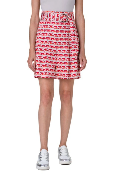 Akris Punto Fiorellina Pelican Dot-print Cotton Satin Belted Bermuda Shorts In Beige Red Coral