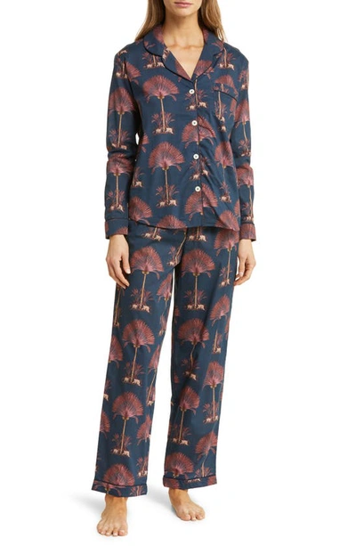 Desmond & Dempsey Floral Long Sleeve Cotton Pyjamas In Ravenala Navy