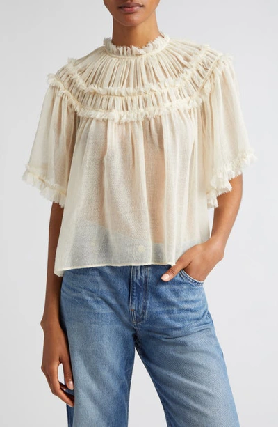 Ulla Johnson Zuri Ruffle Wool Gauze Ruched Top In Alabaster