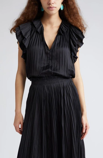 Ulla Johnson Elli Pleated Satin Split-neck Keyhole Top In Noir