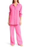 Desmond & Dempsey Long Sleeve Cotton Pajamas In Plain Linen Cerise