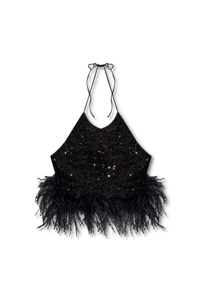 Oseree Oséree Feather Trim Halter Neck Top In Black