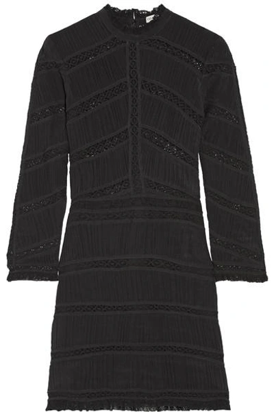Ulla Johnson Kitty Lace-paneled Plissé Silk-chiffon Mini Dress In Black